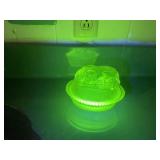 VINTAGE URANIUM GLASS, RABBIT ON BASKET, 4 IN TALL
