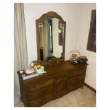 6 DRAWER 1 DOOR WOODEN DRESSER WITH MIRROR 64 IN X