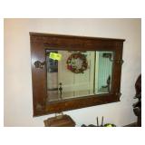 VINTAGE TIGER SAWN WOOD FRAMED MIRROR WITH HOOKS,