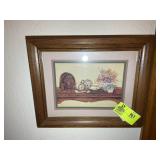 FRAMED AND MATTED PRINT OF VINTAGE RADIO AND FLOWE