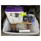 TOTE WITH MISC ELECTRONICS, HEADPHONES, UNIDEN BEA