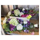 BOX WITH MISC ARTIFICIAL FLOWERS, VASE, WOODEN MER