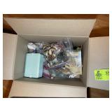 BOX OF MISC SEWING RELATED ITEMS, THREADS, ETC