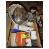 BOX WITH MISC KITCHEN ITEMS, PITCHER, BLENDER, ETC