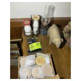 MISC GROUP INCLUDING, WOOD SHEEP, LAMP, GLASS JARS