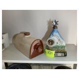 PAIR OF VINTAGE DECORATIVE DECANTERS, MAILBOX, AND