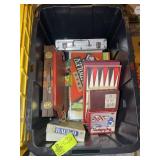LARGE TOTE WITH MISC VINTAGE BOARD GAMES, RACK-O,