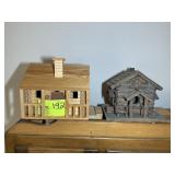 TWO SMALL LOG CABIN REPLICAS, 8.5 IN X 7 IN X 6 IN