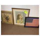 GROUP OF WALL ART, FLORAL 17.5 IN SQ, FLAG 18 IN X