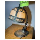 VINTAGE CAST TABLE LAMP WITH GLASS SHADE, 15 IN TA