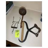 GROUP OF MISC ITEMS, WOODEN LADLE WITH HOLES, ICE