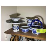 GROUP OF BLUE AND WHITE DECORATIVE SERVING PIECES,