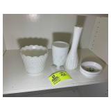 GROUP OF MISC MILK GLASS ITEMS, VASES, SOAP DISH