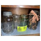GROUP OF VINTAGE BLUE GLASS MASON JARS, 2 WITH ZIN