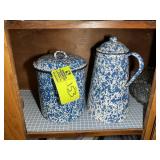 BLUE AND WHITE ENAMEL CANISTER SET 3 PC AND LIDDED