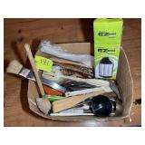 BOX WITH MISC KITCHEN UTENSILS, WHISKS, BRUSHES, K