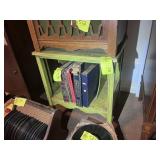 SMALL WOODEN TABLE WITH RECORD STORAGE, 21 IN X 20