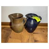 PAIR OF STONEWARE STYLE PITCHERS, ONE WITH LID, AP