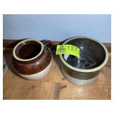 PAIR OF BROWN AND TAN STONEWARE CROCKS, ONE MARKED