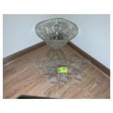 LARGE GLASS FOOTED PUNCH BOWL WITH CUPS