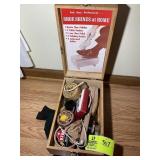 WOODEN SHOE SHINE BOX WITH CONTENTS, POLISH, BRUSH