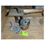 TIN WITH MISC MARBLES, AND SMALL COUNTERTOP SCALE