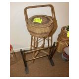 VINTAGE SEWING BASKET, 29 IN TALL, SMALL WOODEN RA