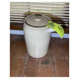 TAN STONEWARE CROCK WITH LID, APPROX 10 IN TALL