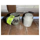 SMALL TAN CROCK WITH LID AND WIRE BAIL HANDLE AND