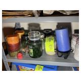 SHELF WITH MISC CANDLES AND CANDLE HOLDERS