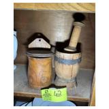 GROUP INCLUDING WOODEN MORTAR AND PESTLE, WOODEN C
