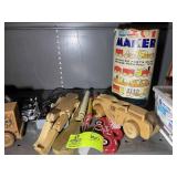 SHELF WITH MISC VINTAGE TOYS, WOOD CARS, WOOD PUPP
