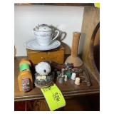 GROUP OF SEWING ITEMS, THREAD ON SPOOL, THIMBLES,