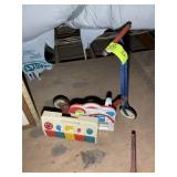 VINTAGE METAL 3 WHEEL SCOOTER AND VINTAGE TOYS