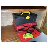 GROUP INCLUDING PLASTIC TOOL BOX, MAGNIFYING GLASS
