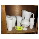 GROUP OF MILK GLASS ITEMS, GLASSES, PITCHER, COVER