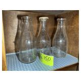 GROUP OF 3 CLEAR ONE QUART GLASS MILK BOTTLES, ONE