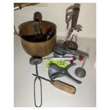 WOODEN BOWL WITH MISC ITEMS, ICE PICK, POTATO MASH