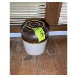 BROWN AND TAN STONEWARE CROCK WITH LID, NOT THE CO