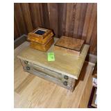 TWO DRAWER WOODEN CABINET, 22 IN X 17 IN X 9.5 IN,