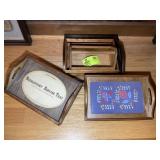 GROUP OF WOOD TRAYS, SOME WITH NEEDLEPOINT