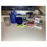 GROUP OF VINTAGE ITEMS, JARS, BATH RELATED ITEMS,