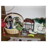 SHELF WITH MISC DECORATIVE ITEMS, NEEDLEPOINT, CH