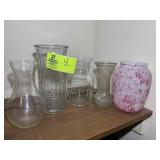 GROUP OF MISC DECORATIVE VASES, MOST CLEAR GLASS