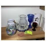 GROUP OF MISC DECORATIVE ITEMS, VASES, CANDLE HOLD