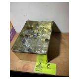 METAL TIN WITH MISC SMALL GLASS BOTTLES