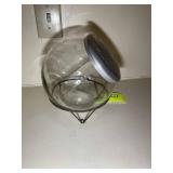 VINTAGE CLEAR GLASS COOKIE JAR WITH METAL FRAME ST