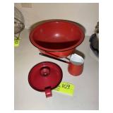 GROUP OF RED ENAMEL KITCHEN ITEMS, MIXING BOWL, LA