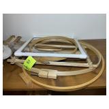 CONTENTS ON TOP SHELF OF CLOSET, NEEDLEPOINT HOOPS