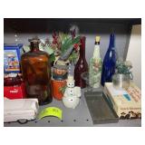 SHELF WITH MISC DECORATIVE ITEMS, GLASS BOTTLES, V